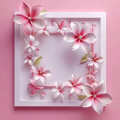 Pink frame card with space for your own content around the decoration of pink flowers. Flowering flowers, a symbol of spring, new life.