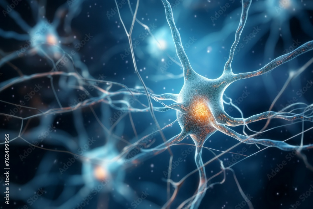 Poster biological single neuron synapses scheme board. network system cell science mind. generate ai