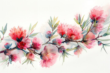 Watercolor illustration of blossom tree branch with flowers and leaves isolated on white background