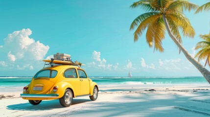 the yellow car with surfing stuff on the roof ready for travel at the beach, Generative AI  - obrazy, fototapety, plakaty