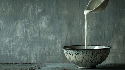The graceful pour of yogurt from container to bowl a blank canvas awaiting culinary art - obrazy, fototapety, plakaty