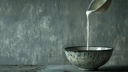 Poster The graceful pour of yogurt from container to bowl a blank canvas awaiting culinary art © Sara_P