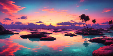 Sunset paints the sky in hues of pink and blue over a tranquil sea