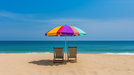 Fototapeta premium Colorful Beach Umbrella and Chair on Pristine Tropical Beach 