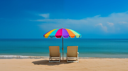 Colorful Beach Umbrella and Chair on Pristine Tropical Beach
