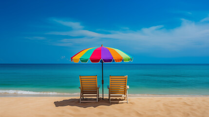 Colorful Beach Umbrella and Chair on Pristine Tropical Beach 