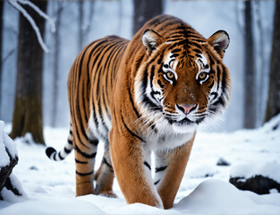 Tiger in a snow covered forest