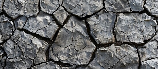 Fototapeta premium A close up of a cracked grey rock wall, showcasing its intricate pattern. The wall is made of composite materials and resembles a cobblestone building material