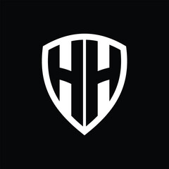 HH monogram logo with bold letters shield shape with black and white color design