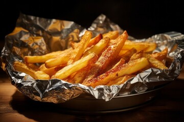 Exquisite french fries on a rustic plate against an aluminum foil background