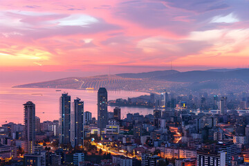 Izmir Skyline: An Exquisite Blend of Twilight Hues, Gleaming Lights, and Architectural Wonders - obrazy, fototapety, plakaty