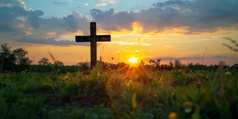 Religious significance a peaceful sunset field symbolizing Christian faith and worship. Concept Christian Worship, Sunset Field, Religious Symbolism