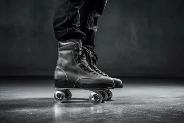 Fotobehang Focused Skater wearing skates on gray background. Guy extreme action lifestyle. Generate Ai © juliars