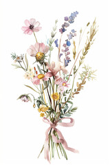 Watercolor bouquet of wildflowers and grass with pink ribbon
