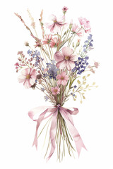 Watercolor bouquet of wildflowers and grass with pink ribbon