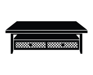Coffee table icon design. Rustic coffee table with gridded elements, furniture for living room decor. Black silhouette vector illustration isolated on white background.