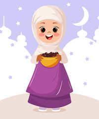 A little Muslim girl with a cup full of dates