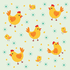 Hens chickens and eggs seamless pattern illustration