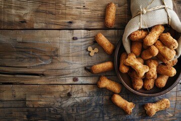 Fototapeta premium Dog croquettes in sacks and feeder on wooden table with pressed skin bones. Elevated view. Horizontal composition.