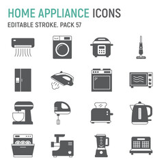 Home appliances glyph icon set, household collection, vector graphics, logo illustrations, house equipment vector icons, appliances signs, solid pictograms, editable stroke