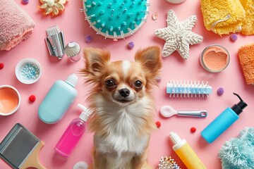 Dog grooming background with chihuahua and grooming products around. Elevated view. Horizontal composition.