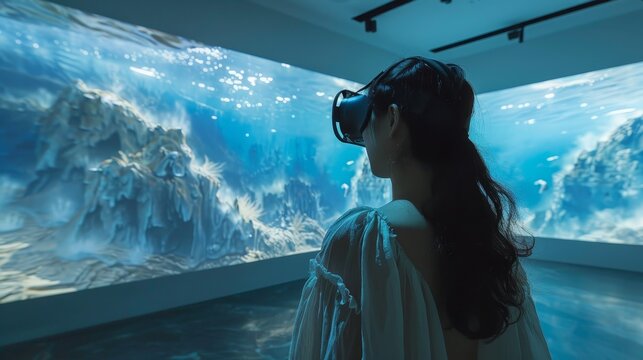 A woman in virtual reality goggles immersed in a visual simulation of an underwater seascape, exploring marine life and coral reefs.