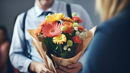 Thoughtful Gift on Teacher's Day. Close-Up of Teacher Holding Bouquet of Flowers with Blur Bokeh Background. Perfect Copy Space for Banner or Poster. - obrazy, fototapety, plakaty