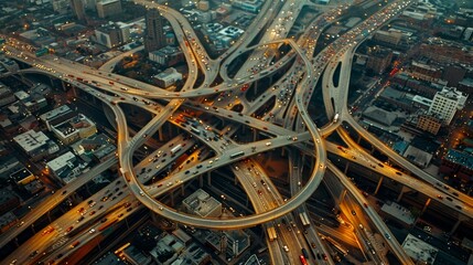 A complex network of highways is captured from above in this aerial shot, showcasing the flow of traffic at twilight in an urban landscape.