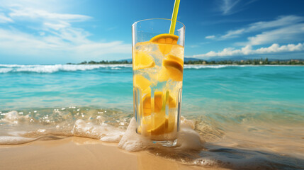 Glass of tropical beverage with ice and different decoration. Background of a sunny beach with palms and coast. Concept of paradise