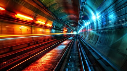 Fototapeta na wymiar A motion-blurred image capturing the vibrant streaks of a train's passage through a colorful, illuminated subway tunnel.