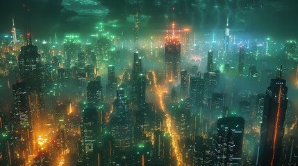 A sprawling cyberpunk cityscape enveloped in mist, with neon-lit skyscrapers piercing the fog under a turbulent sky.