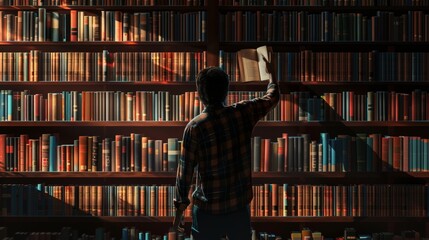 Seeking Knowledge Person Reaching for Book in Front of Library Bookshelf