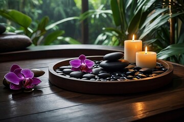 Amazing dark spa setting with massage stones arranged on dark wooden trays, surrounded by shimmering tealight candles and exotic orchids. - obrazy, fototapety, plakaty