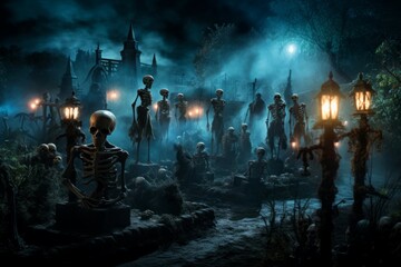 Eerie Skeletons cemetery risen. Spooky dead. Generate Ai