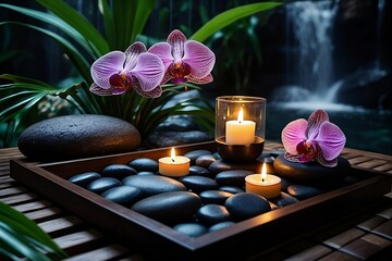 A dark spa setting with massage stones arranged on dark wooden trays, surrounded by shimmering tealight candles and exotic orchids, against a backdrop. 