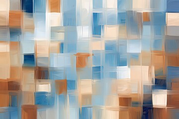 brown and blue squares on the background, in the style of soft, blended brushstrokes