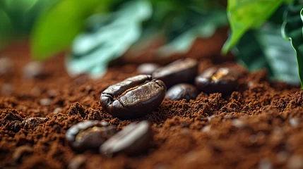 Rolgordijnen Coffee beans on ground coffee and leaves.  © Andrea Raffin