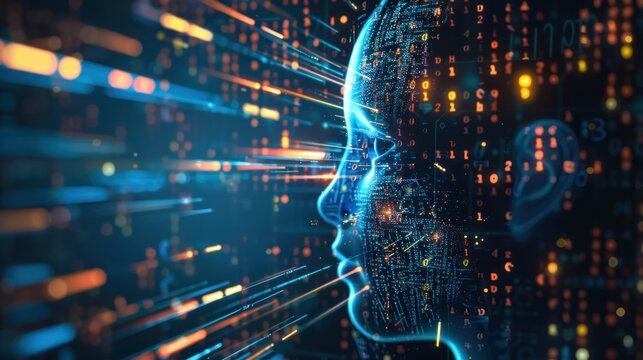Dynamic image capturing a digital human glowing with a complex pattern of technological data, embodying the essence of AI