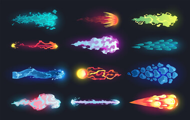 Cartoon laser gun beam. Alien combat weapon rays. Futuristic shot effect. Destructive plasma flow. Bomb blaster attack explosion.  game element