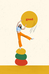 Composite trend artwork sketch image 3D photo collage of young worker clever lady stand on leg raise hand up achieve goal get success