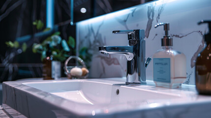 Modern bathroom faucet on a white ceramic sink - obrazy, fototapety, plakaty