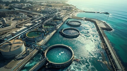 Top-down shot of a water treatment facility with circular settling tanks along the coastline, showcasing environmental engineering. - obrazy, fototapety, plakaty