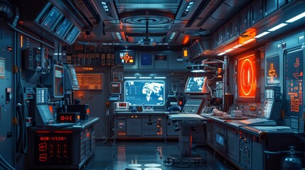 A science fiction-inspired control room with sophisticated equipment and illuminated displays in a spaceship.