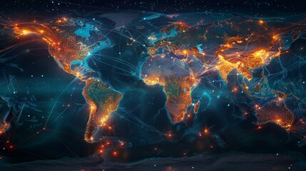 An illustrated map of Earth displaying global network connectivity with bright lines and nodes representing communication links. - obrazy, fototapety, plakaty
