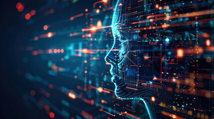 A digital silhouette of a human in profile with dynamic blue and red hues indicating activity and connectivity