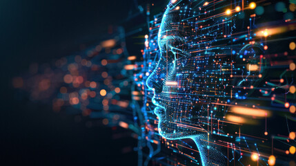 Neon light dots outline an abstract digital face representing artificial intelligence and data flow