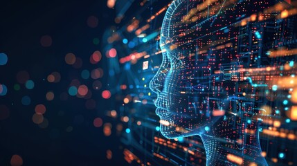 A side view of a digital human head illuminated and textured with the appearance of circuits, depicting data interaction