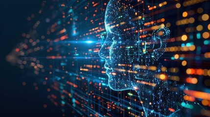 Bright, vivid digital profile of a human face surrounded by bokeh light particles and digital elements