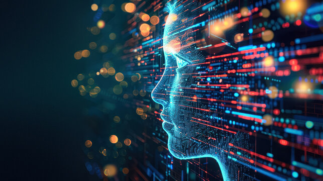 Vibrant 3D rendering of a profile AI face with emphasis on neon-colored digital elements and a tech abstract backdrop