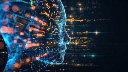 An artistic representation of a blue glowing digital human face against a dark, complex data background